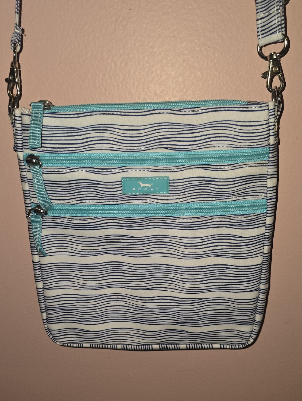 Scout Crossbody Bag in Navy Wave Stripe with Aqua Trim